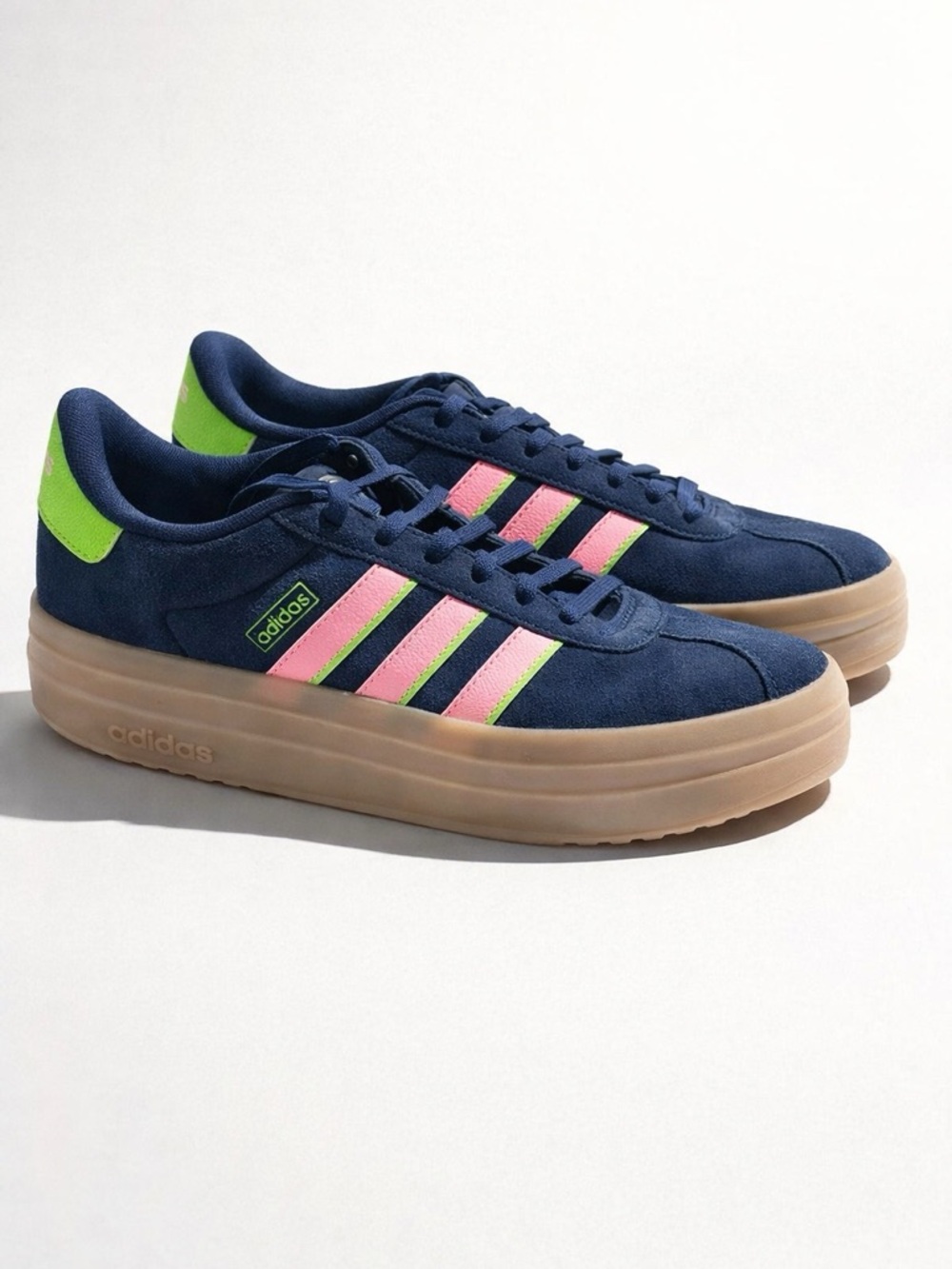 adidas Women's Navy Suede Sneakers with Pink Stripes & Neon Green Heel